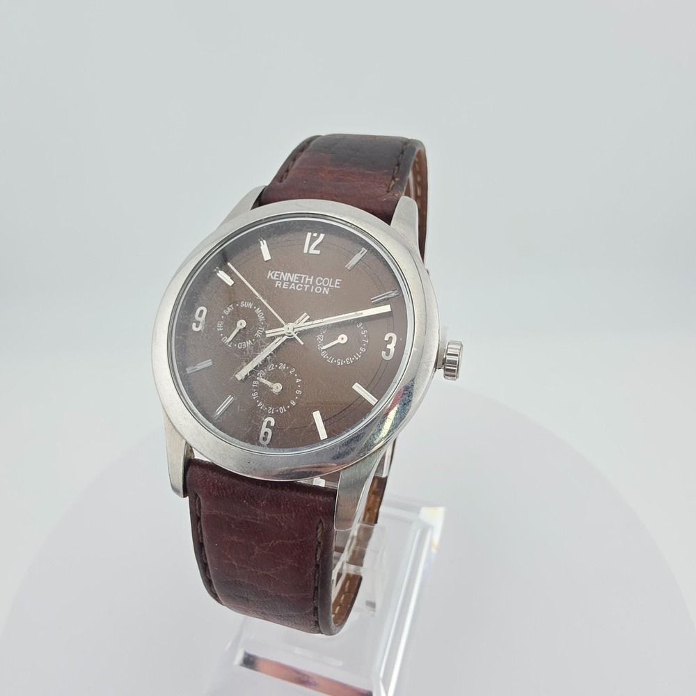 Vtg KENNETH COLE Reaction Men's Watch KC1350 Brown Dial Leather Silver Tone 8.5"